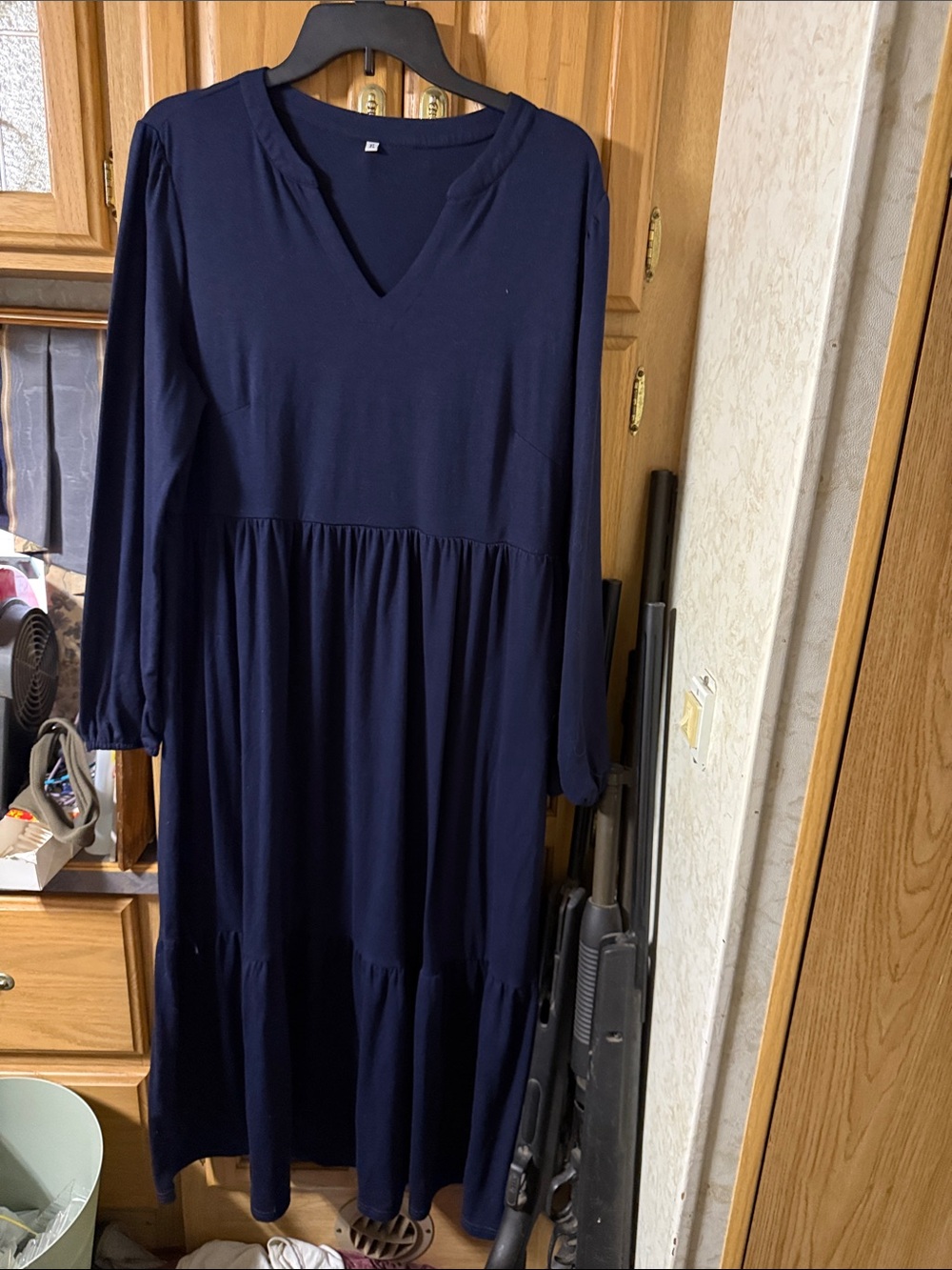 Long Navy V-Neck Tiered Maxi Dress with Long Sleeves